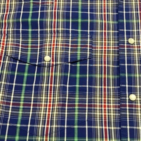 Wrangler Short Sleeve Button-Up Men's Large Blue Plaid Western Pearl Snap EUC - Picture 4 of 9